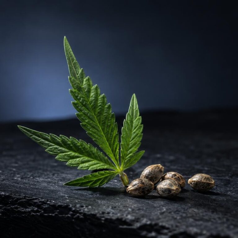 Was ist CBD: cannabisblatt mit Samen auf dunklem Untergrund, zur Einführung in CBD-Grundlagen