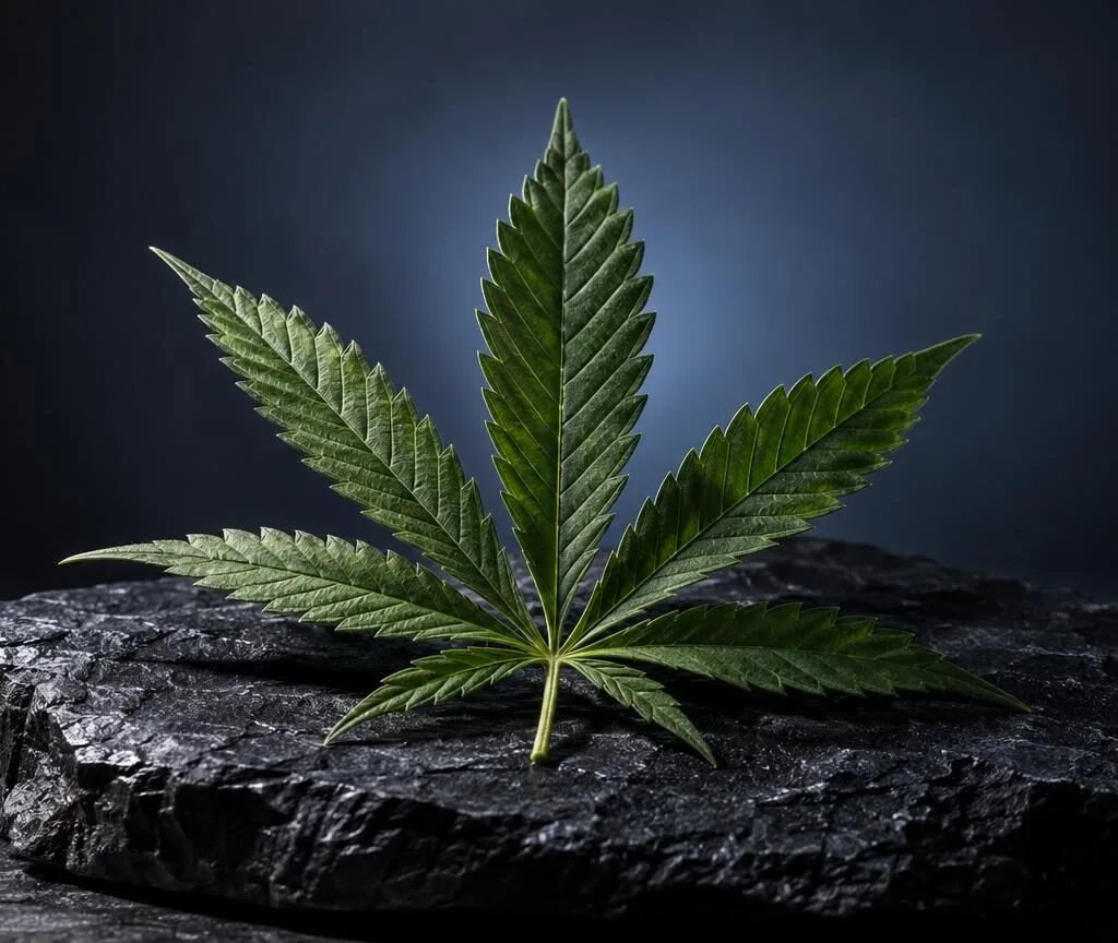 Cannabisblatt mit sieben Blättern auf dunklem Stein, Konzept für Was sind Cannabinoide