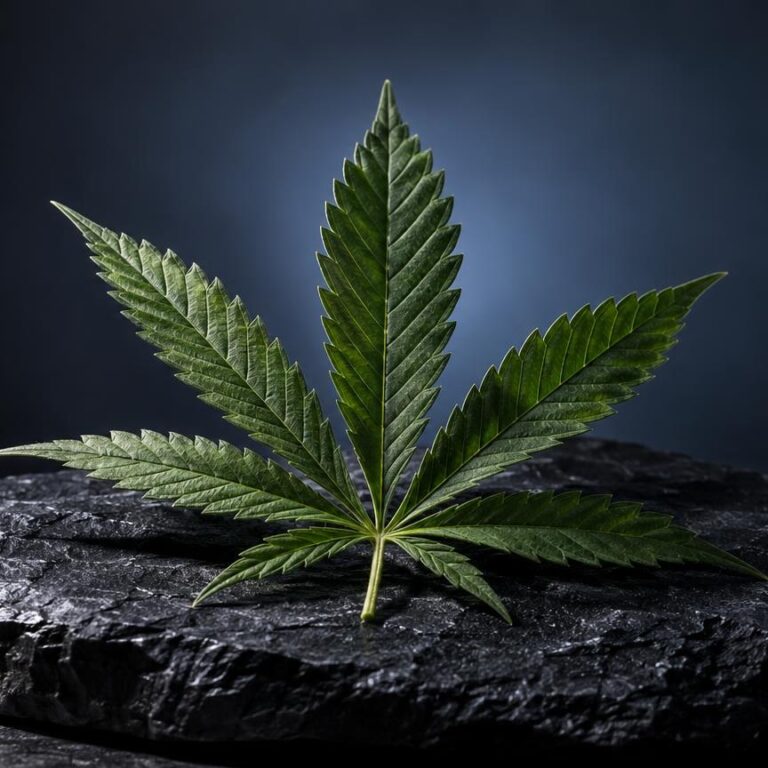 Cannabisblatt mit sieben Blättern auf dunklem Stein, Konzept für Was sind Cannabinoide