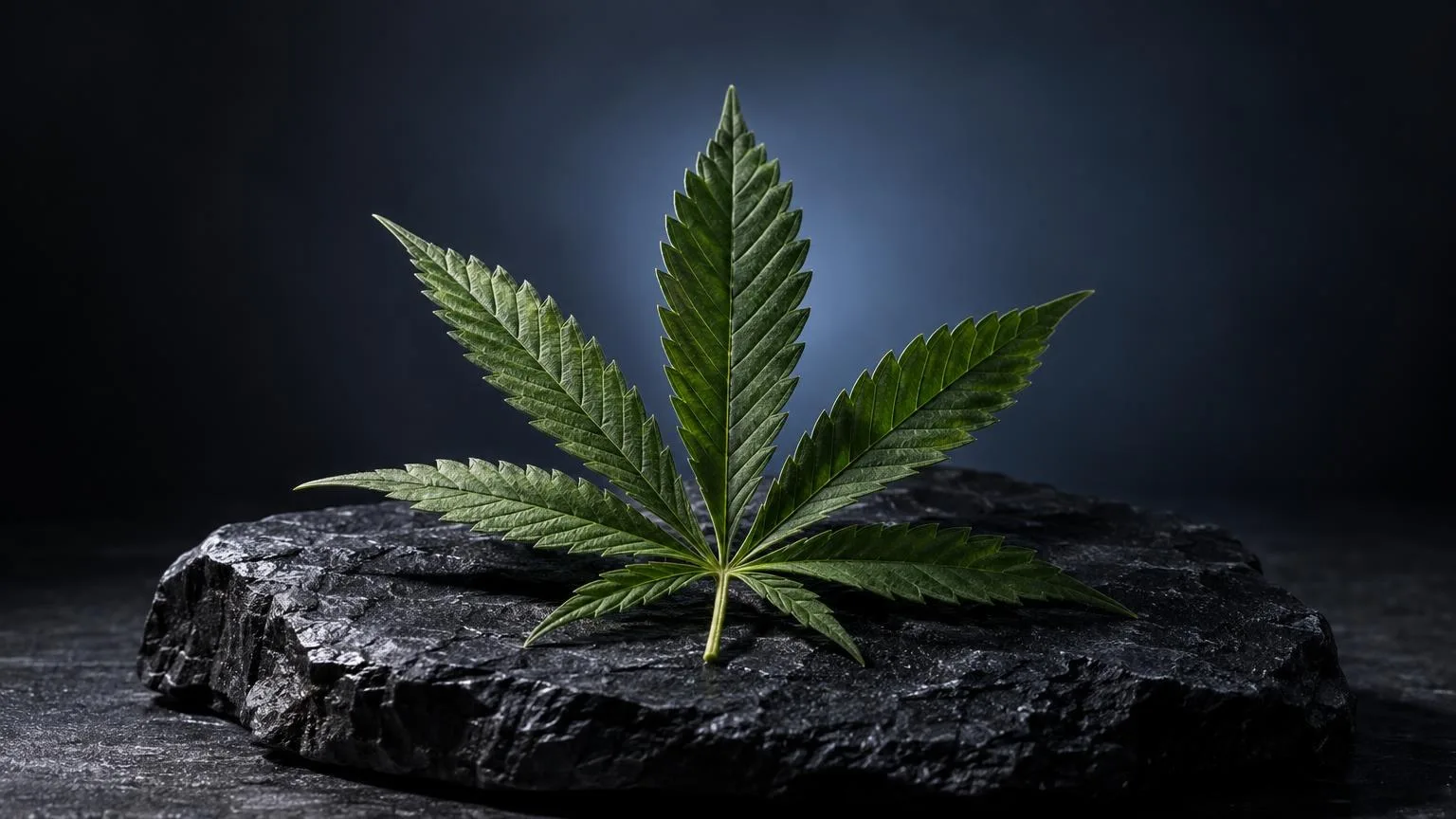 Cannabisblatt mit sieben Blättern auf dunklem Stein, Konzept für Was sind Cannabinoide