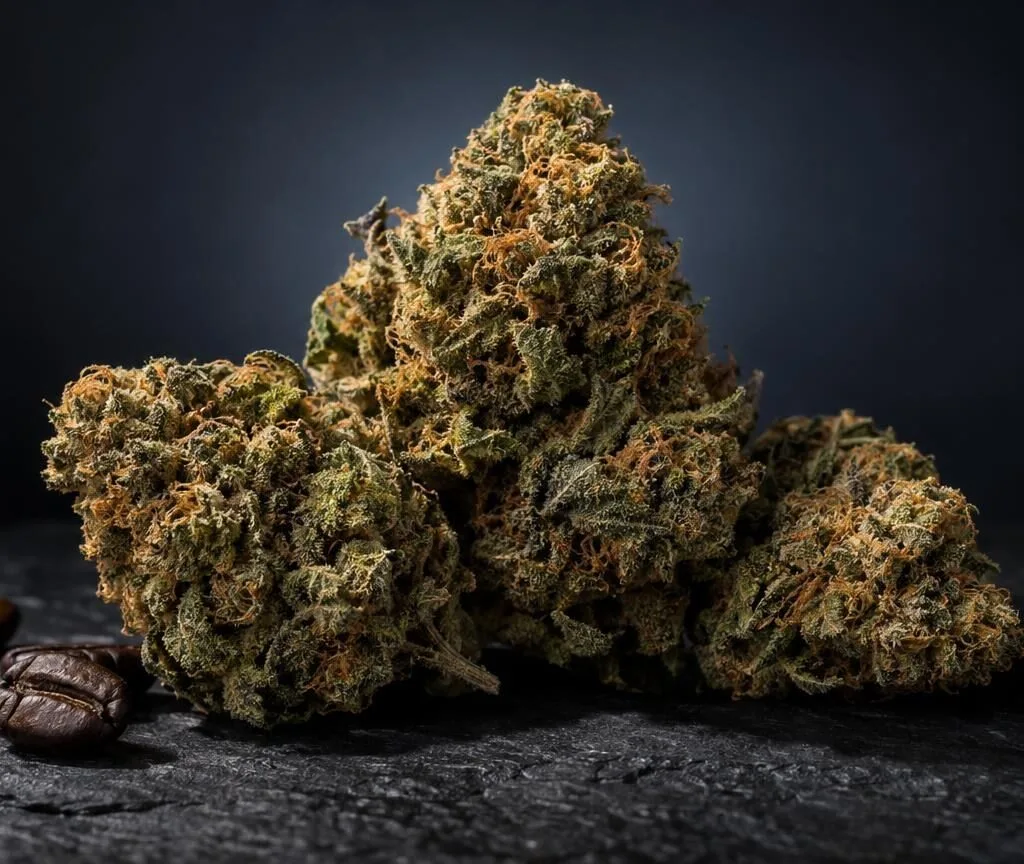 Weed AK 47 Blüten mit dichter Struktur und goldgrüner Färbung auf dunklem Untergrund, daneben Kaffeebohnen