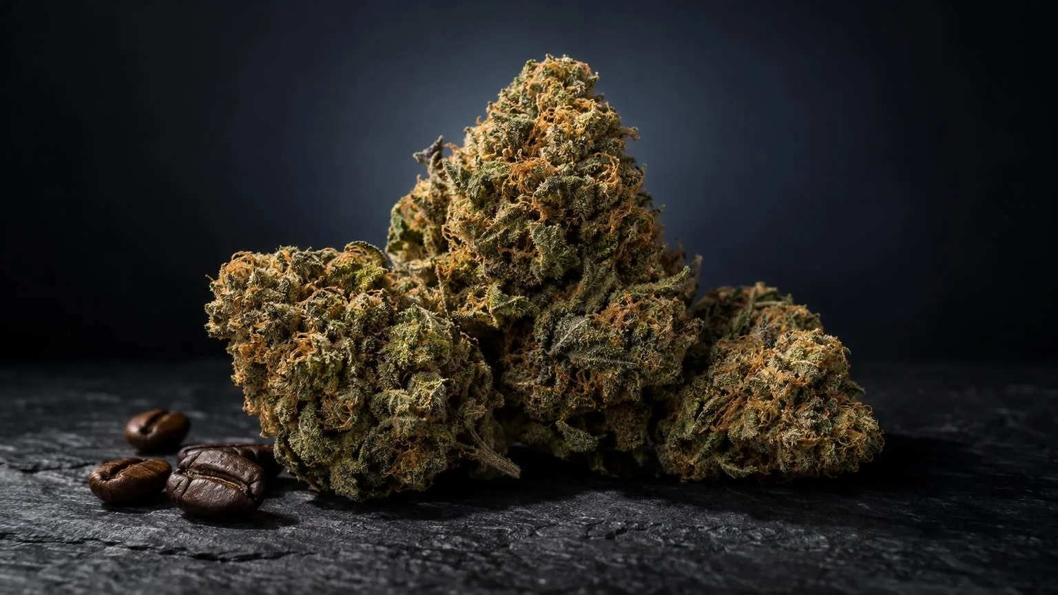 Weed AK 47 Blüten mit dichter Struktur und goldgrüner Färbung auf dunklem Untergrund, daneben Kaffeebohnen