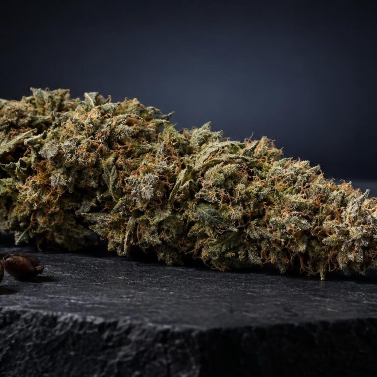 Getrocknete Cannabisblüte mit dichtem Blütenstand auf schwarzem Untergrund, neben Kaffeebohnen, für Artikel über Weed Cones