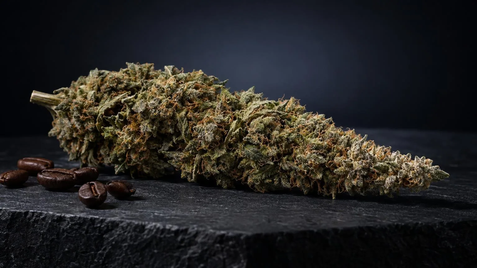 Getrocknete Cannabisblüte mit dichtem Blütenstand auf schwarzem Untergrund, neben Kaffeebohnen, für Artikel über Weed Cones