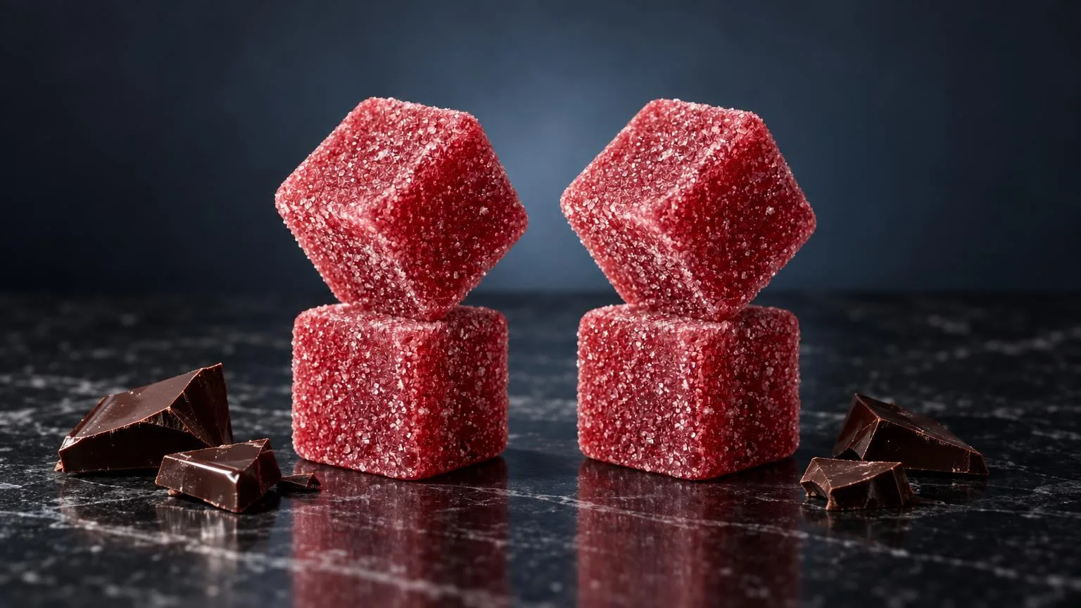 Weed Gummibärchen: zwei quadratische Bonbons mit rosa Zuckerüberzug, daneben Schokoladenstücke auf dunklem Untergrund
