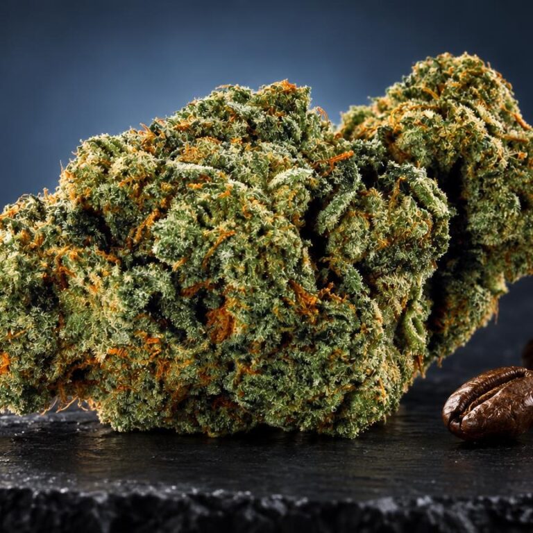 Weed Sorten: dichte grün-goldene Blüte mit orangebraunen Härchen neben braunen Samen, Porträt einer Weed Sorte
