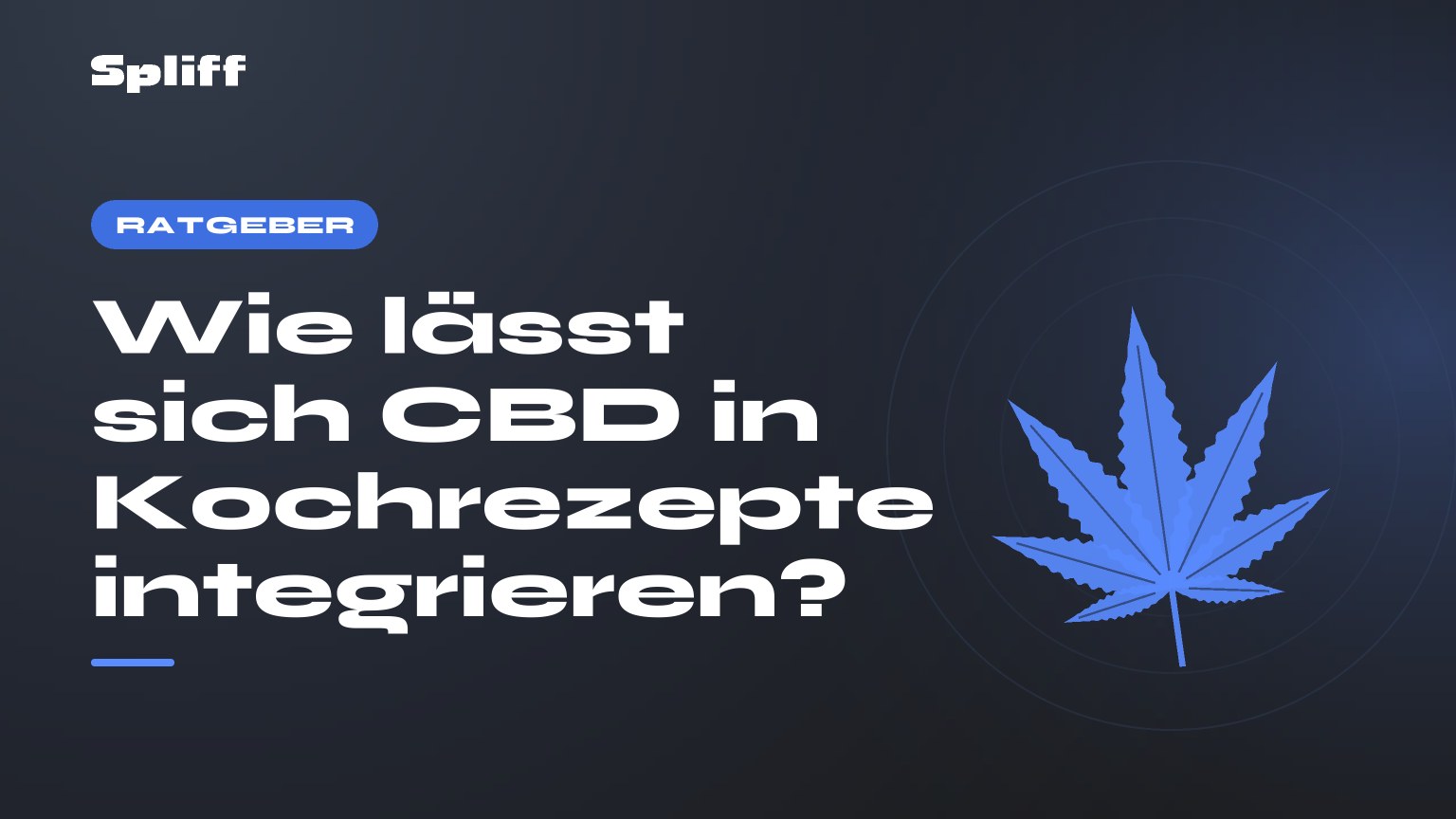 Wie lässt sich CBD in Kochrezepte integrieren? — Titel auf dunklem Grund, stilisiertes Hanfblatt